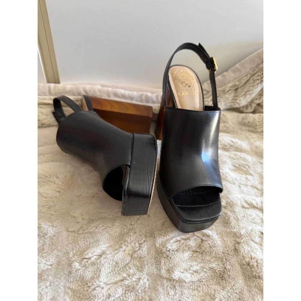 Vince Camuto Black Leather Platform Slingback Wood Block Heel Sandals Square Toe